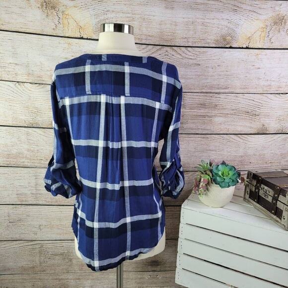 Harper Women's Plaid Flannel Collarless Henley Button-up Shirt Blue Small - Picture 5 of 8